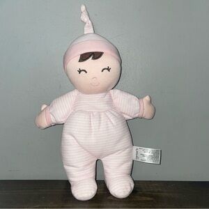 Carters Pink White Stripe Doll Plush Rattle Pajamas Hat Brown Hair Soft Toy